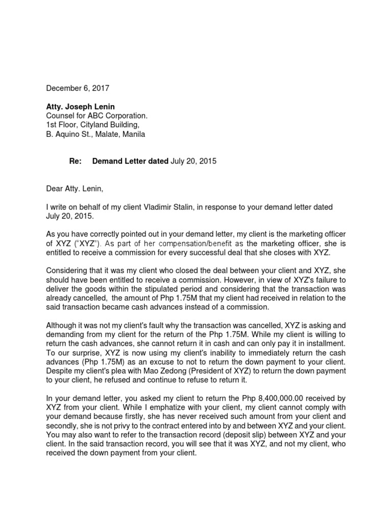 Reply To Demand Letter Sample PDF Government Business