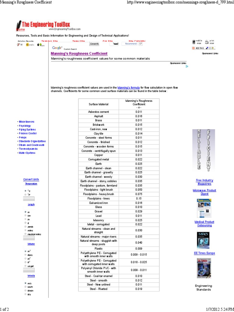 Manning Coefficient.pdf Pipe (Fluid Conveyance) Pressure