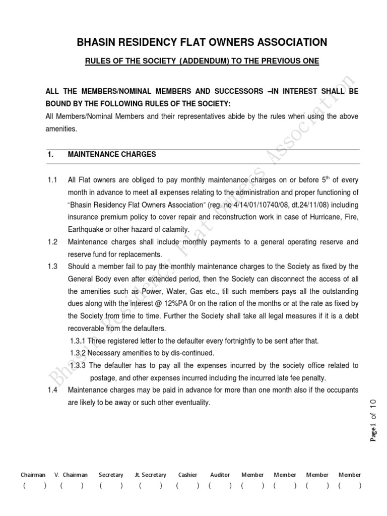 Bhasin Residency Flat Owners Association Rules and Regulations PDF