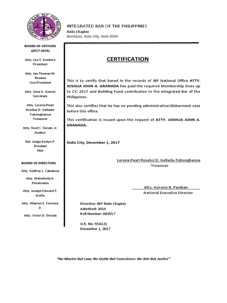 CERTIFICATION Integrated Bar of The Philippines Certificate SAMPLE | PDF