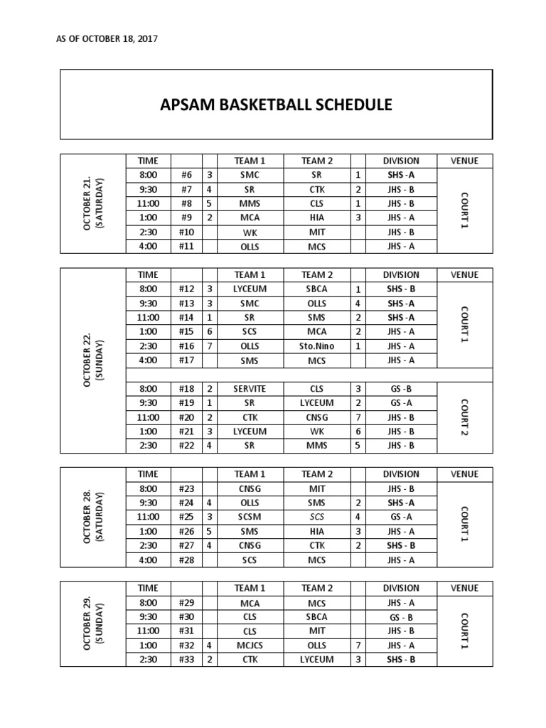 APSAM Basketball Schedule 2017 | PDF