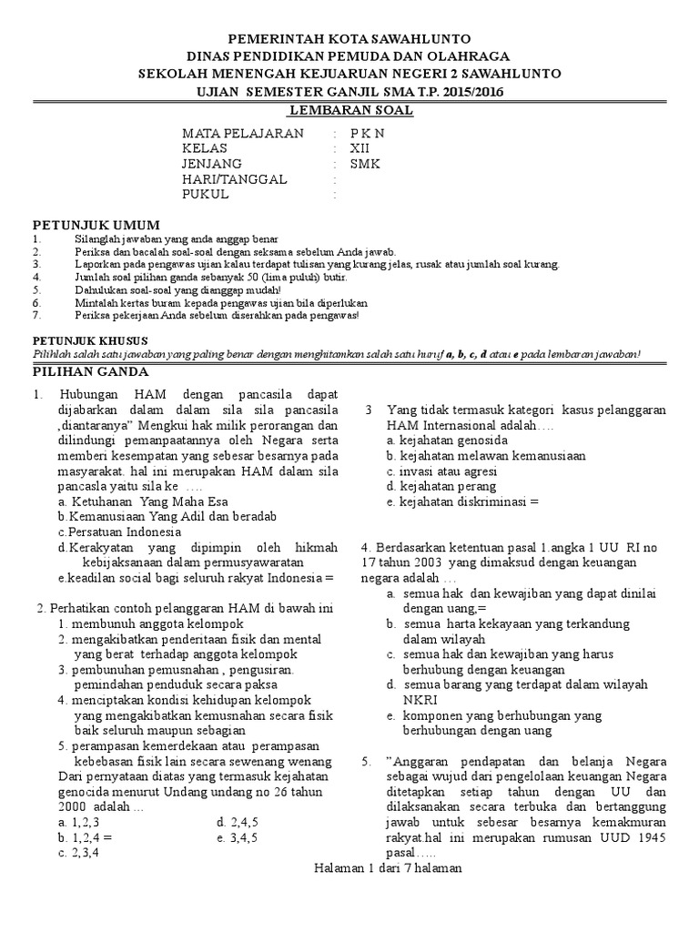 SOAL SEMESTER GANJIL PPKN KELAS XII PKN THN 2015 Yg Dirakit  PDF