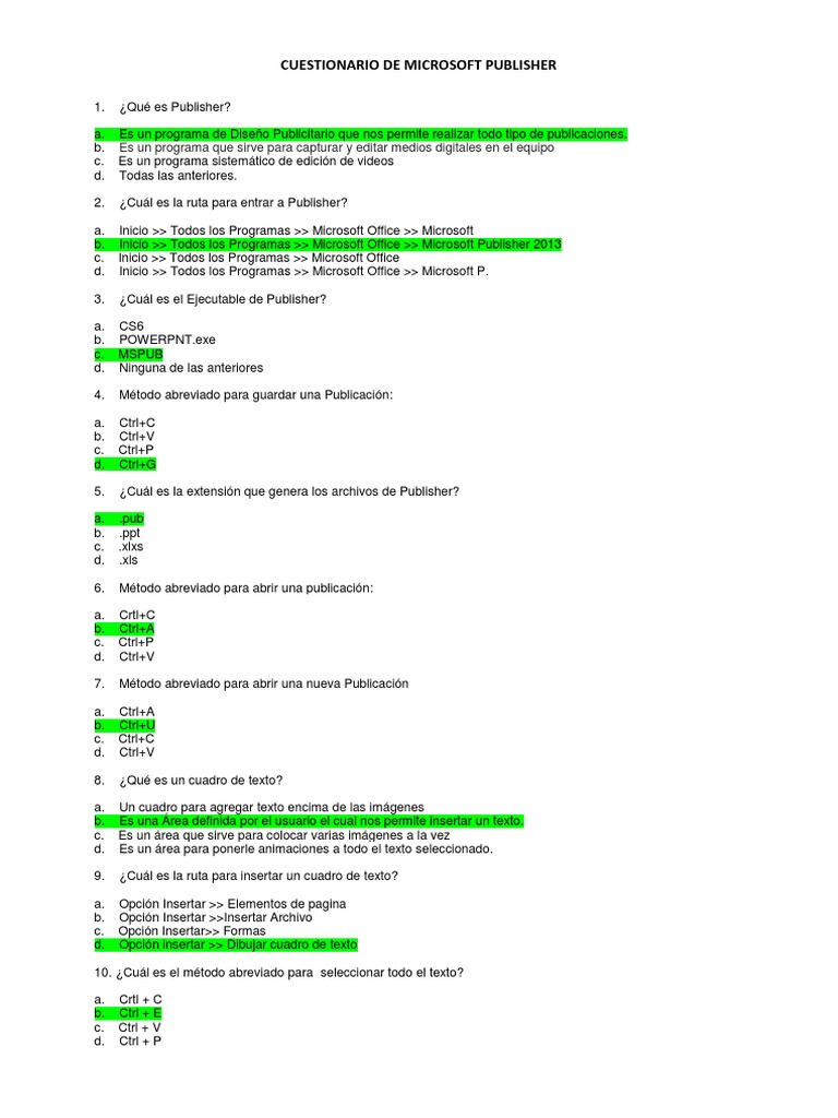 Cuestionario sobre Microsoft Publisher | PDF | Microsoft | Archivo de ...