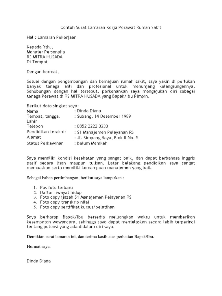 Contoh Surat Lamaran Kerja Perawat Rumah Sakit Pdf