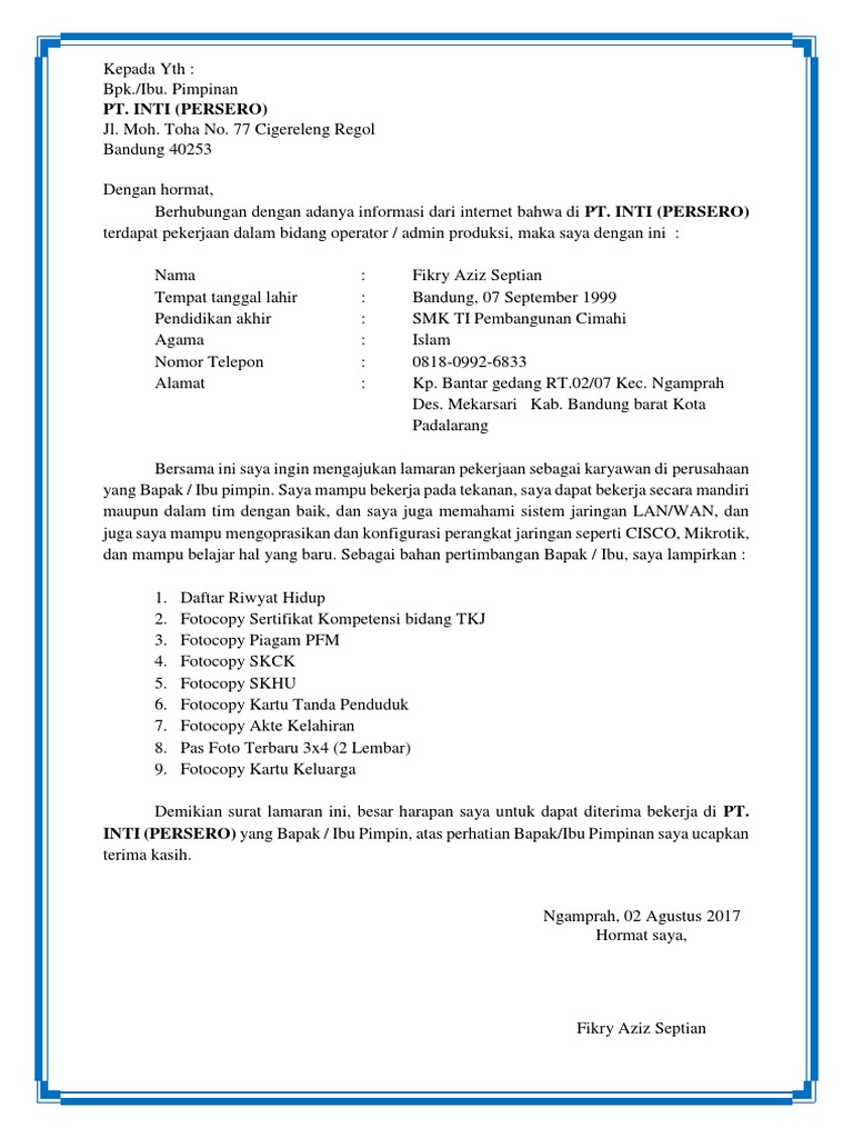 Operator Produksi Contoh Surat Lamaran Kerja Di Pt Sebagai Karyawan Nusagates