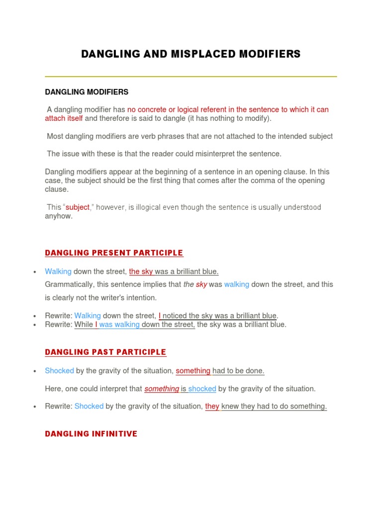 Dangling and Misplaced Modifiers | PDF | Sentence (Linguistics) | Rules
