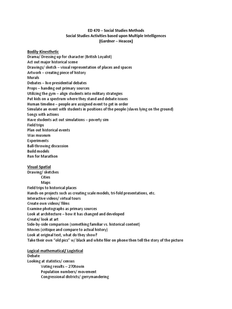 ED 470 Social Studies Methods Social Studies Activities Based Upon