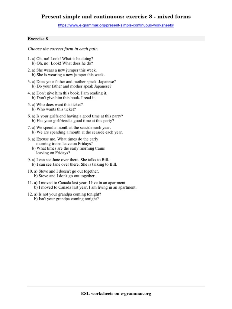 present simple continuous exercise 8 pdf