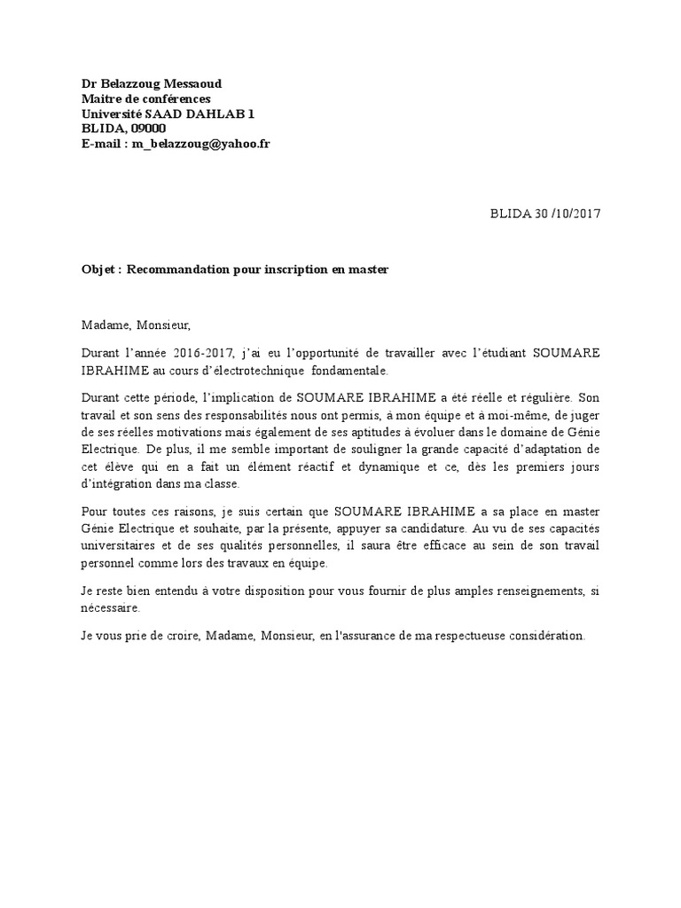 Lettre Recommandation Master Pdf