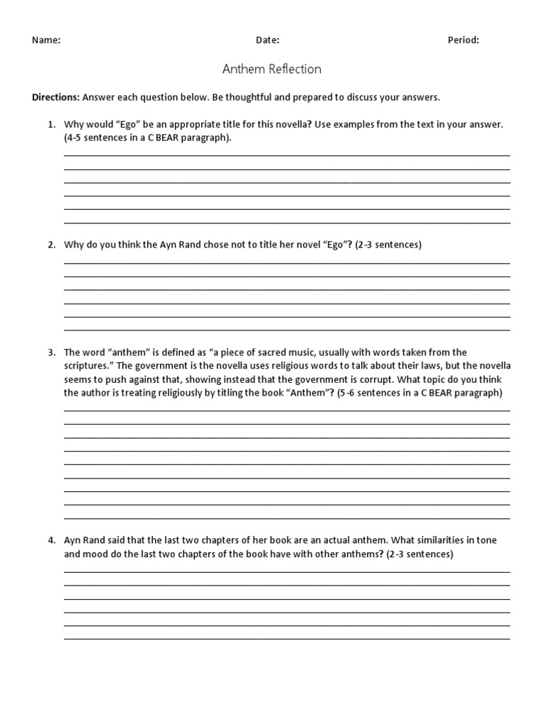 Anthem Reflection Directions Answer Each Question Below. Be