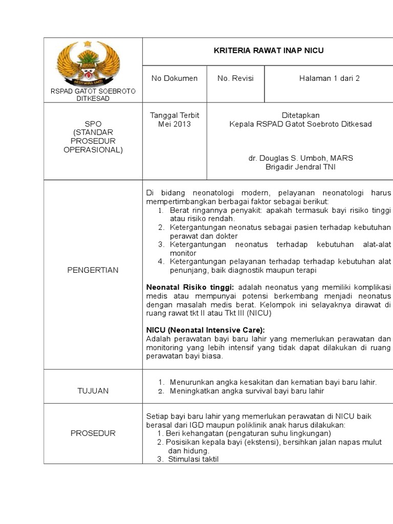 Kriteria Bayi Masuk NICU RSPAD | PDF