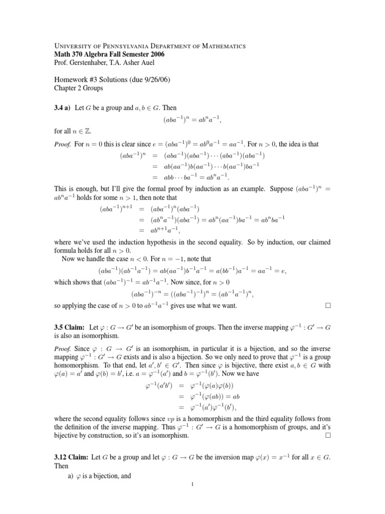 Math 370 Algebra Homework 3 Solutions | PDF | Group (Mathematics ...