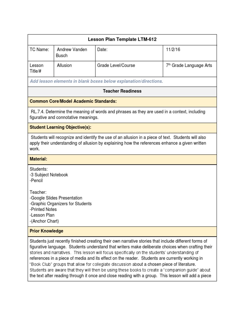 Lesson Plan Template LTM-612: Add Lesson Elements in Blank Boxes Below ...