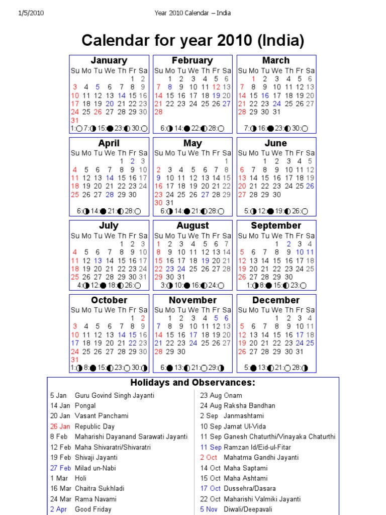 Year 2010 Calendar - India | PDF | Hindu Worship | Public Holiday