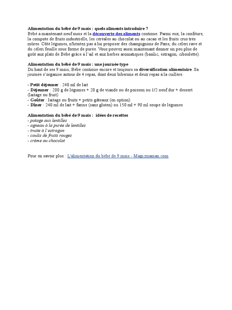 Alimentation Du Bebe De 9 Mois