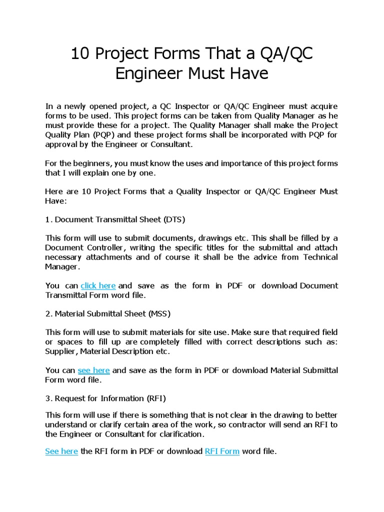 Essential QA/QC Project Forms List | PDF | Request For Information ...