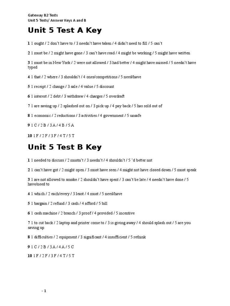 Unit 5 Test A Key: Gateway B2 Tests Unit 5 Tests/ Answer Keys A and B