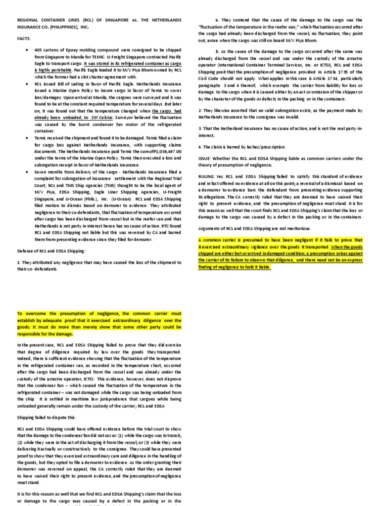 RCL Liability in Cargo Damage Case | PDF | Evidence | Demurrer