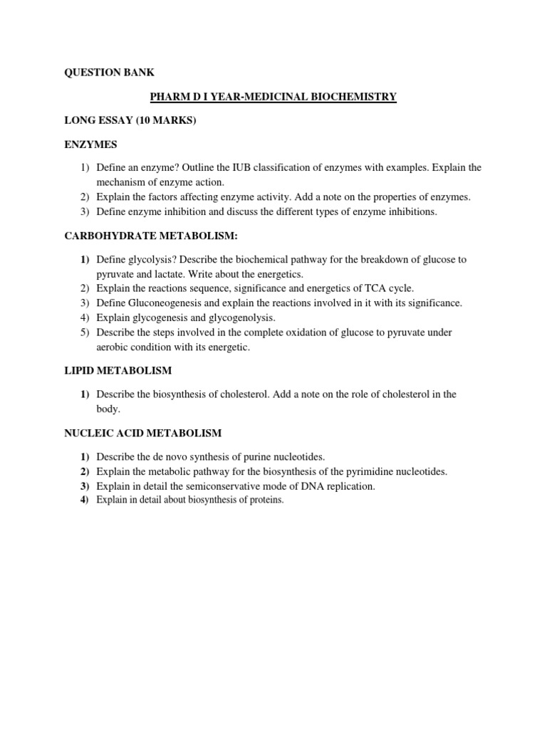 Pharm D 1st Year Biochemistry Q&A | PDF | Metabolism | Metabolic Pathway