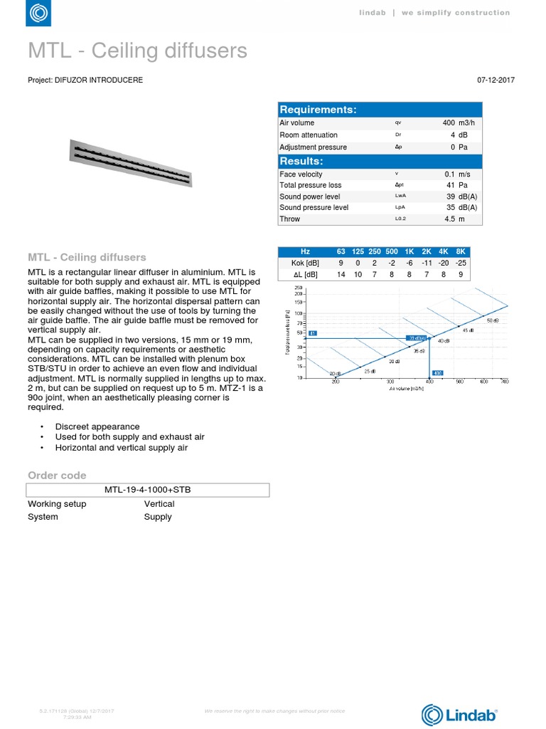 MTL Ceiling Diffuser Specs & Features | PDF | Hearing | Waves