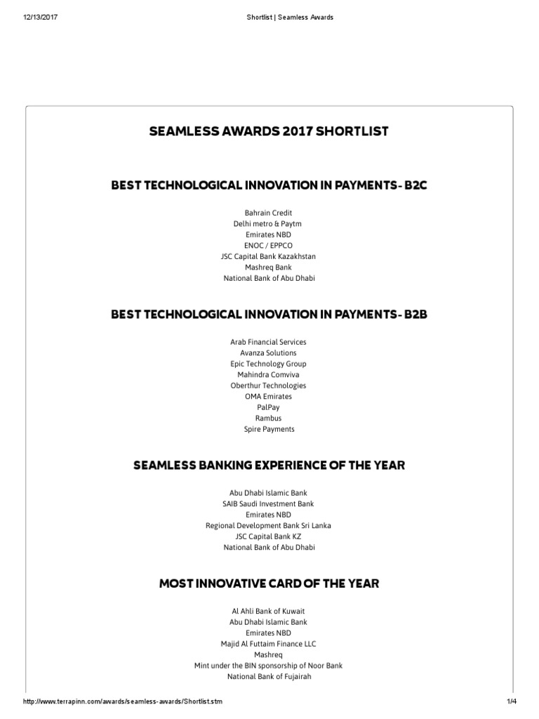 Shortlist Seamless Awards Pdf United Arab Emirates Banking