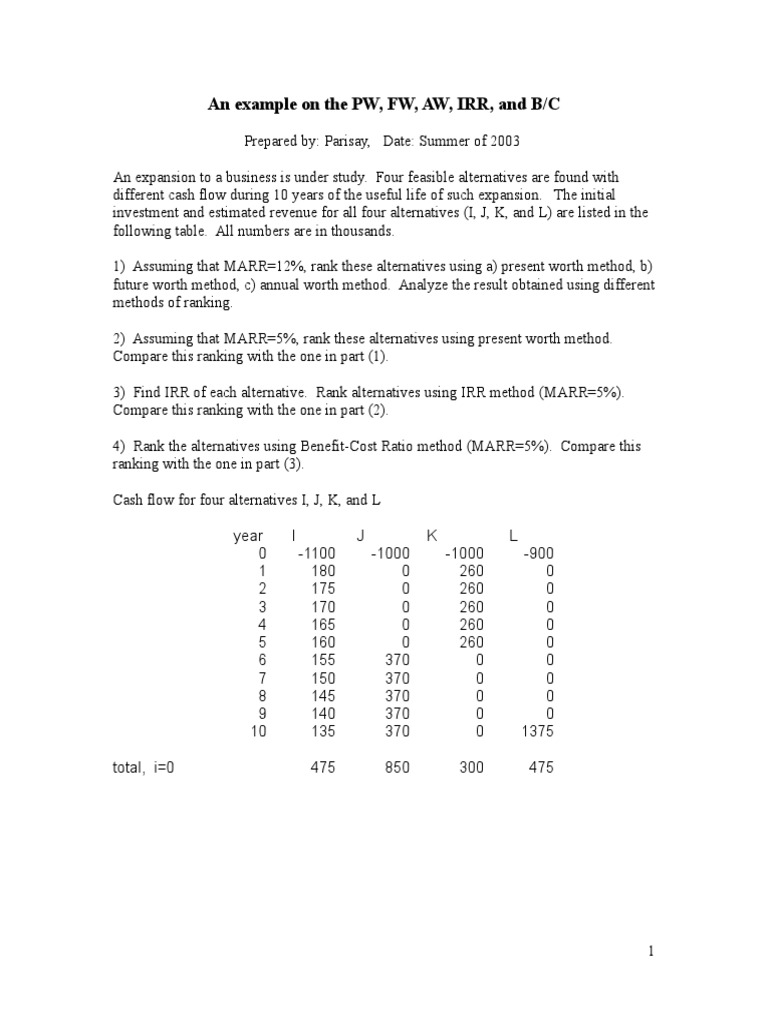 Example Pw to Aw Internal Rate Of Return Investing