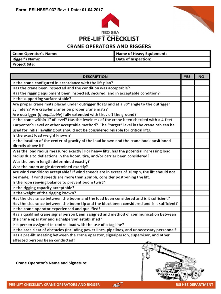 Crane Pre-Lift Inspection Checklist | PDF | Crane (Machine ...