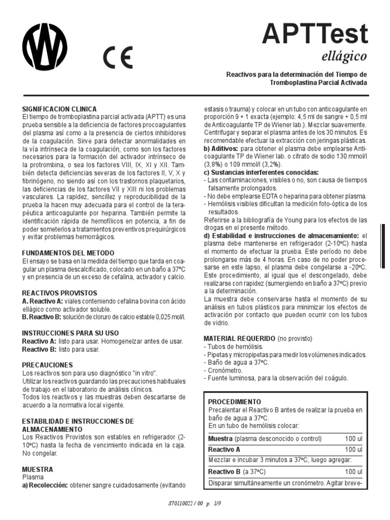 APTT: Prueba de Coagulación y Uso Clínico | PDF | Coagulación | Tejido ...