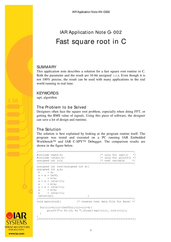 Fast Square Root in C: IAR Application Note G-002 | PDF | Theoretical ...