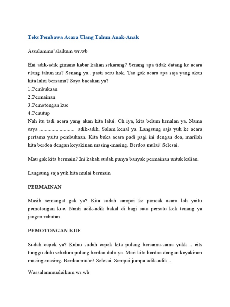 Teks Pembawa Acara Ulang Tahun Anak