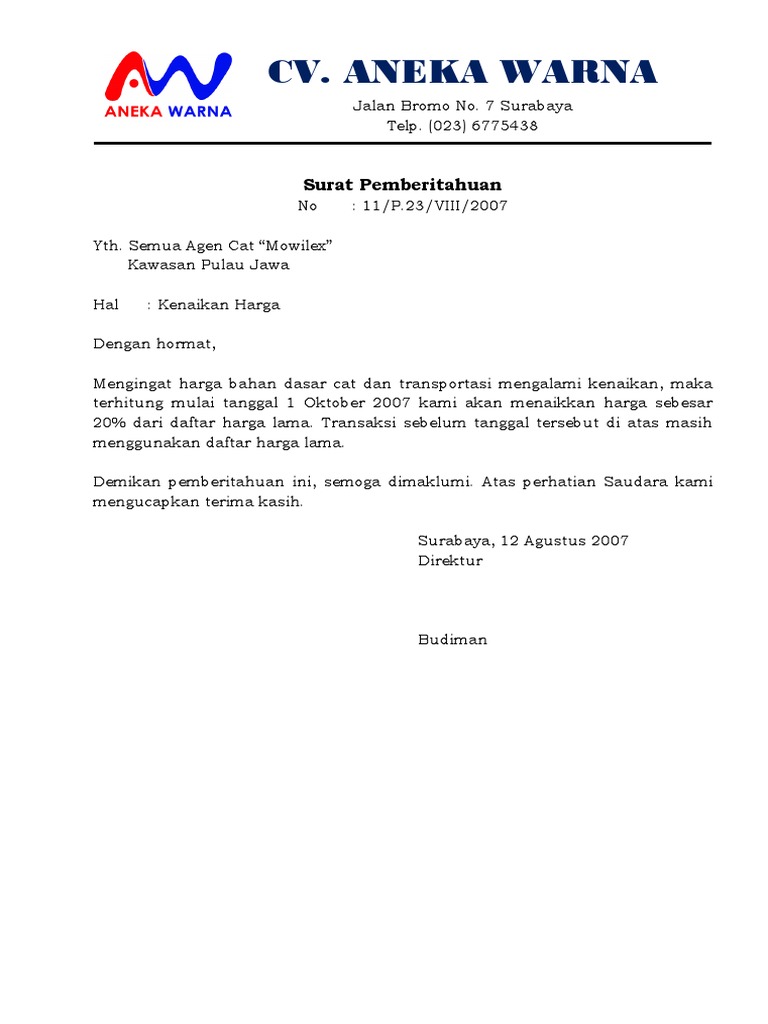 Contoh Surat Kenaikan Harga