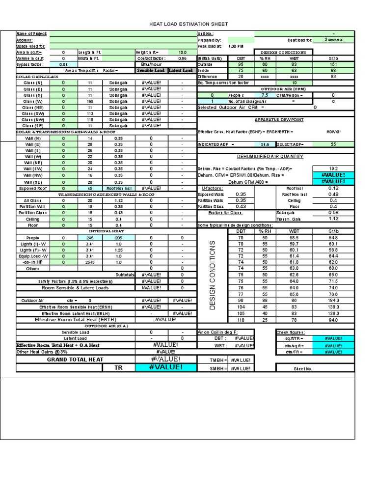 HVAC Heat Load Calculation Format | Hvac | Heat Transfer