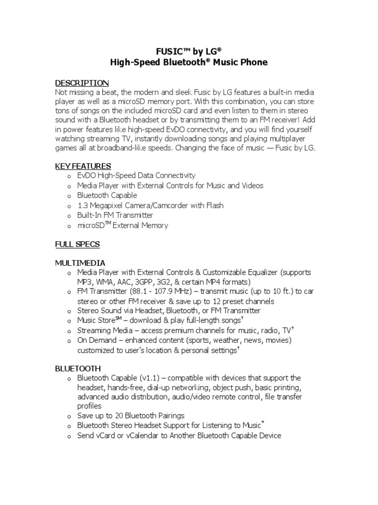 Fusic™ by LG HighSpeed Bluetooth Music Phone Description PDF