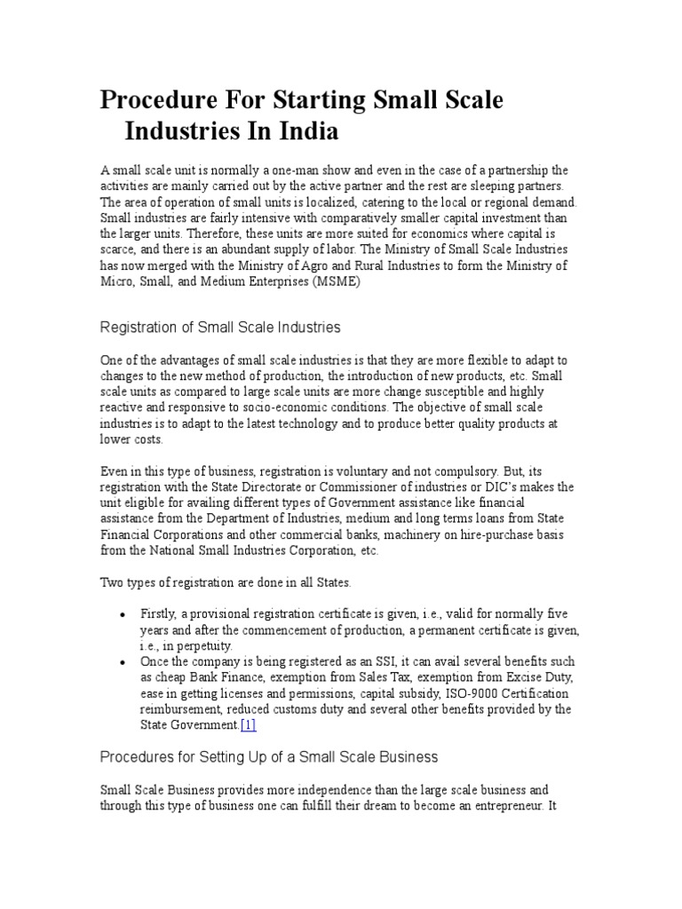 Procedure For Starting Small Scale Industries in India | PDF ...