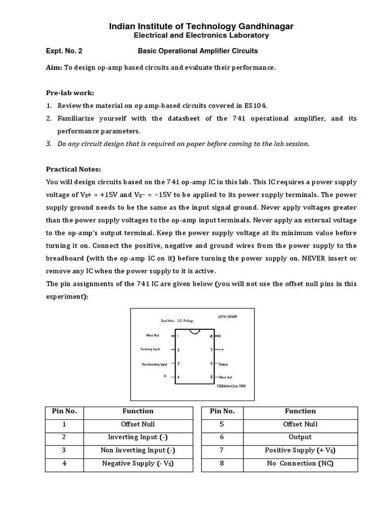 Expt. No. 2 Basic Operational Amplifier Circuit PDF PDF Operational Amplifier Amplifier