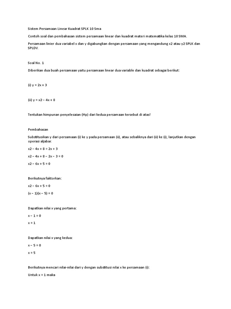 Sistem Persamaan Linear Kuadrat Splk 10 Sma