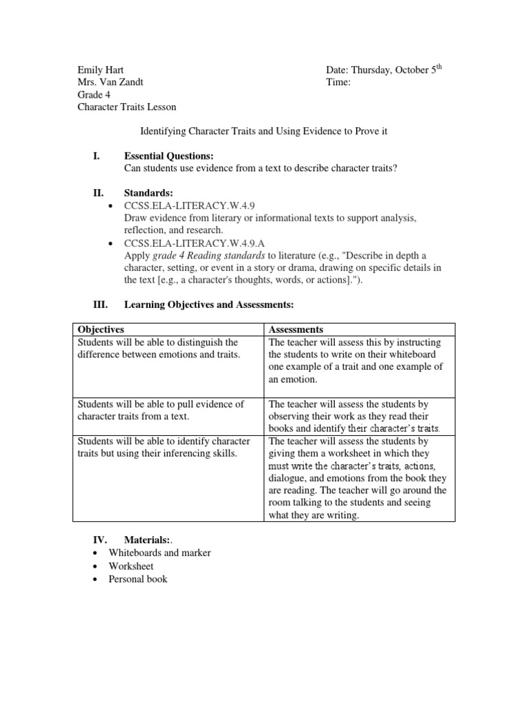 Lesson Plan Identifying Character Traits  Emotions  Self-Improvement For Identifying Character Traits Worksheet