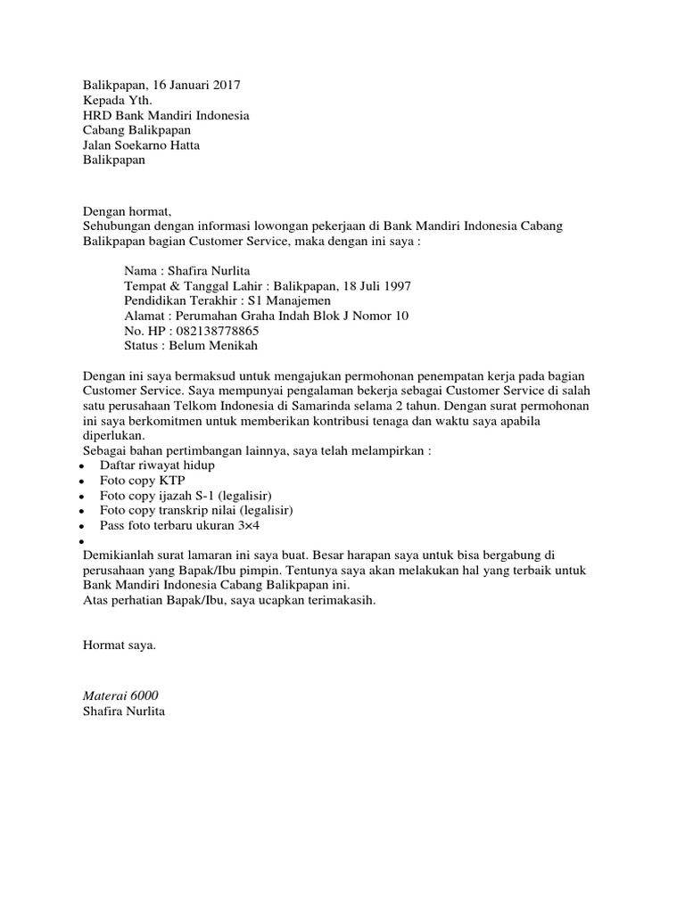 Contoh Surat Lamaran Kerja Di Telkom Berbagi Lamaran