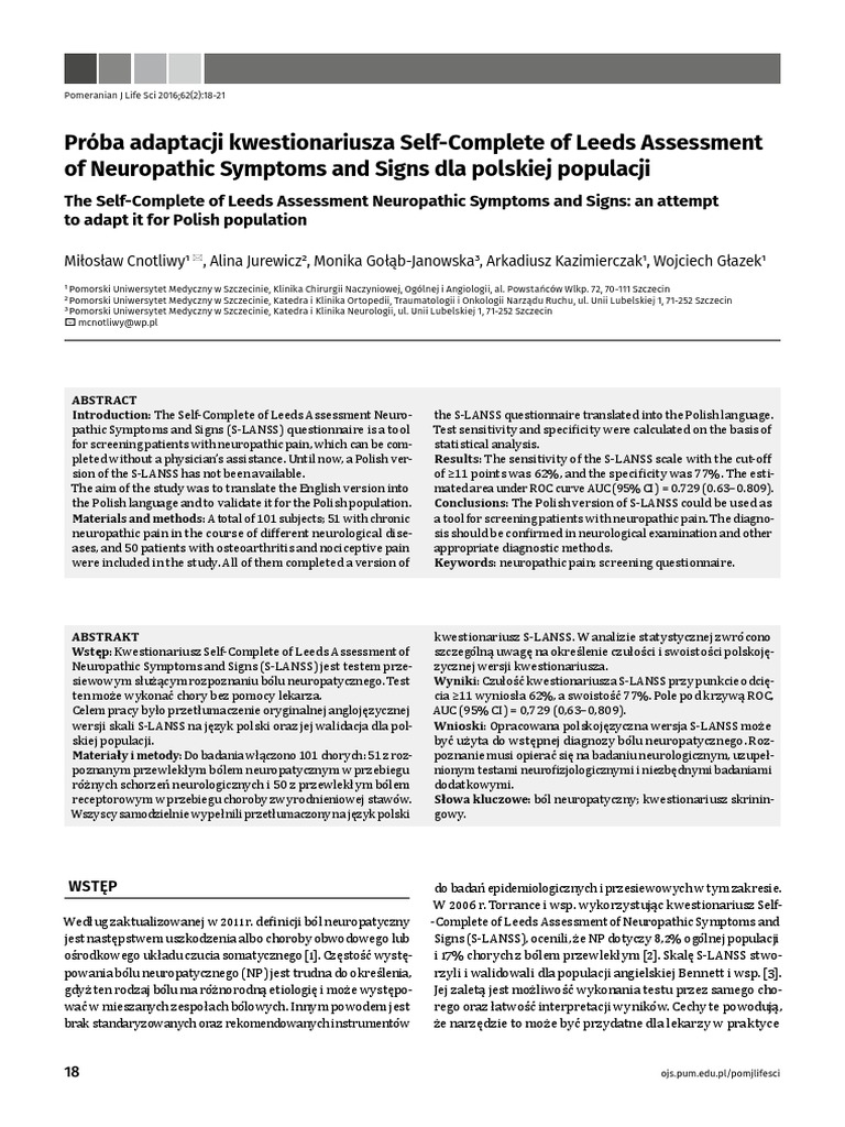 S LANSS Questionnaire Polish Version PDF Clinical Medicine