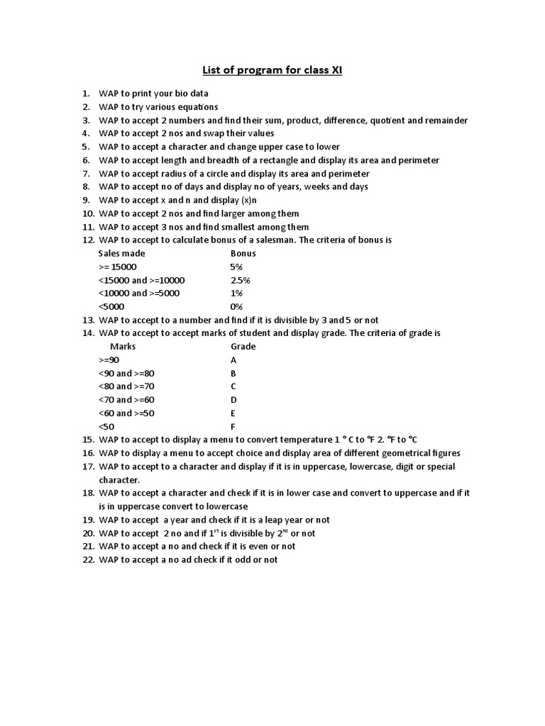 Class XI Programming Assignments List | PDF | Technology & Engineering