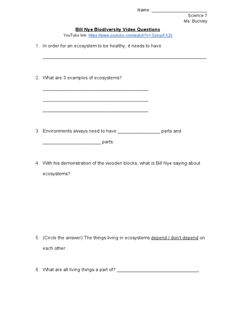 Bill Nye Biodiversity Video Questions  PDF  Environmental In 6 3 Biodiversity Worksheet Answers