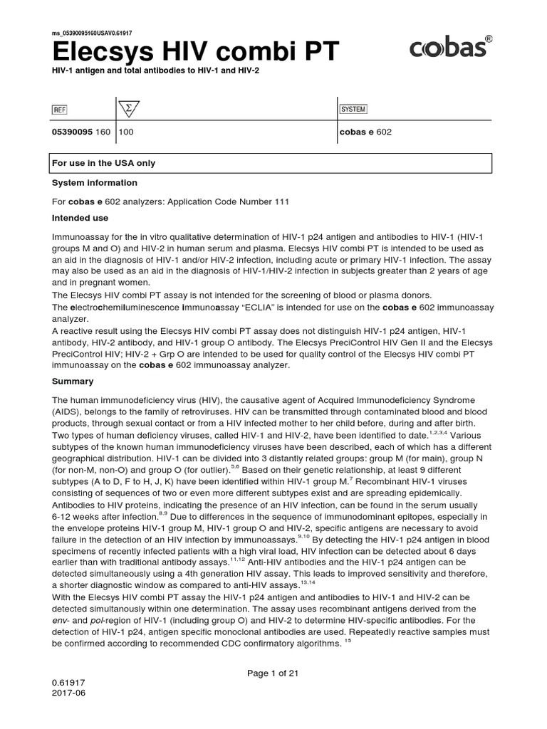 BP160050.0. Elecsys® HIV Combi PT Immunoassay. FINAL PI PDF