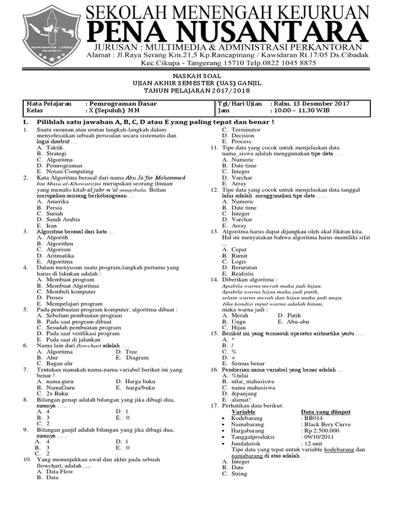 Contoh Soal Essay Pemrograman Dasar Dan Jawabannya Kelas 10 Guru Galeri