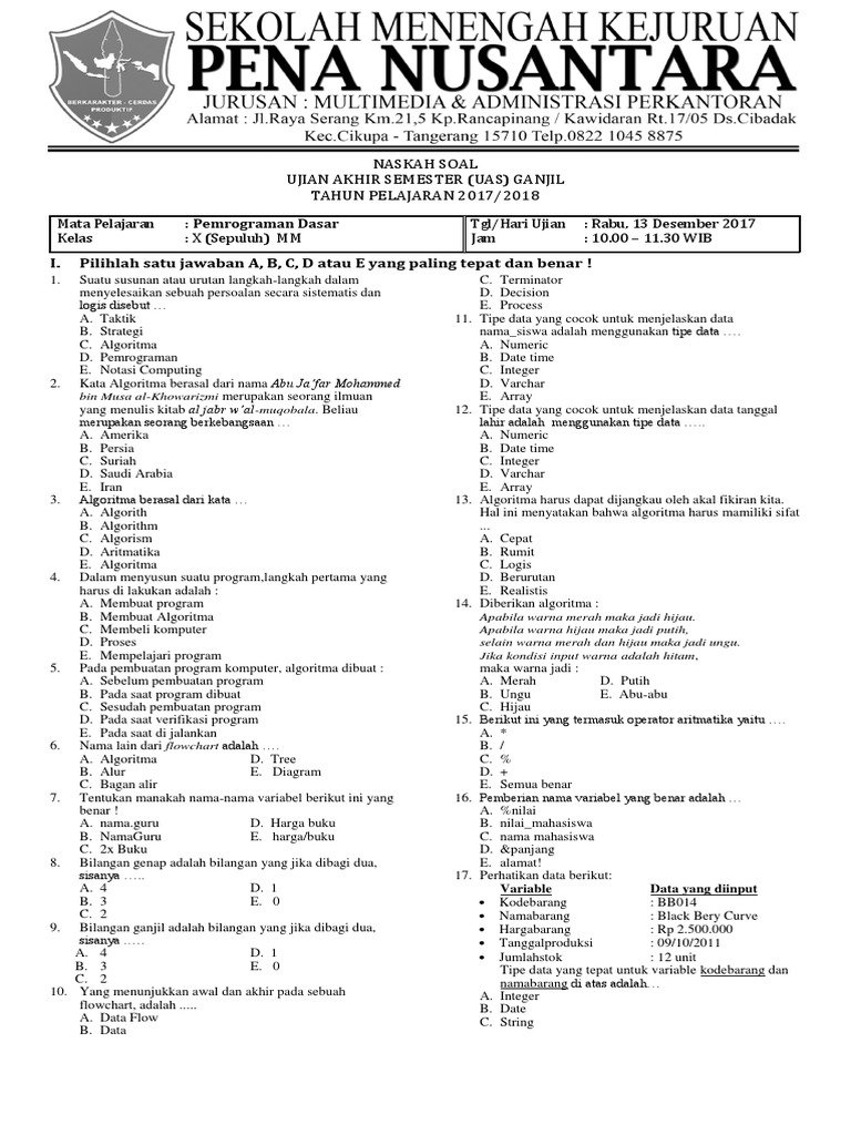 Soal Uas Pemrograman Dasar Kelas X Kurikulum 2013 Revisi 2017