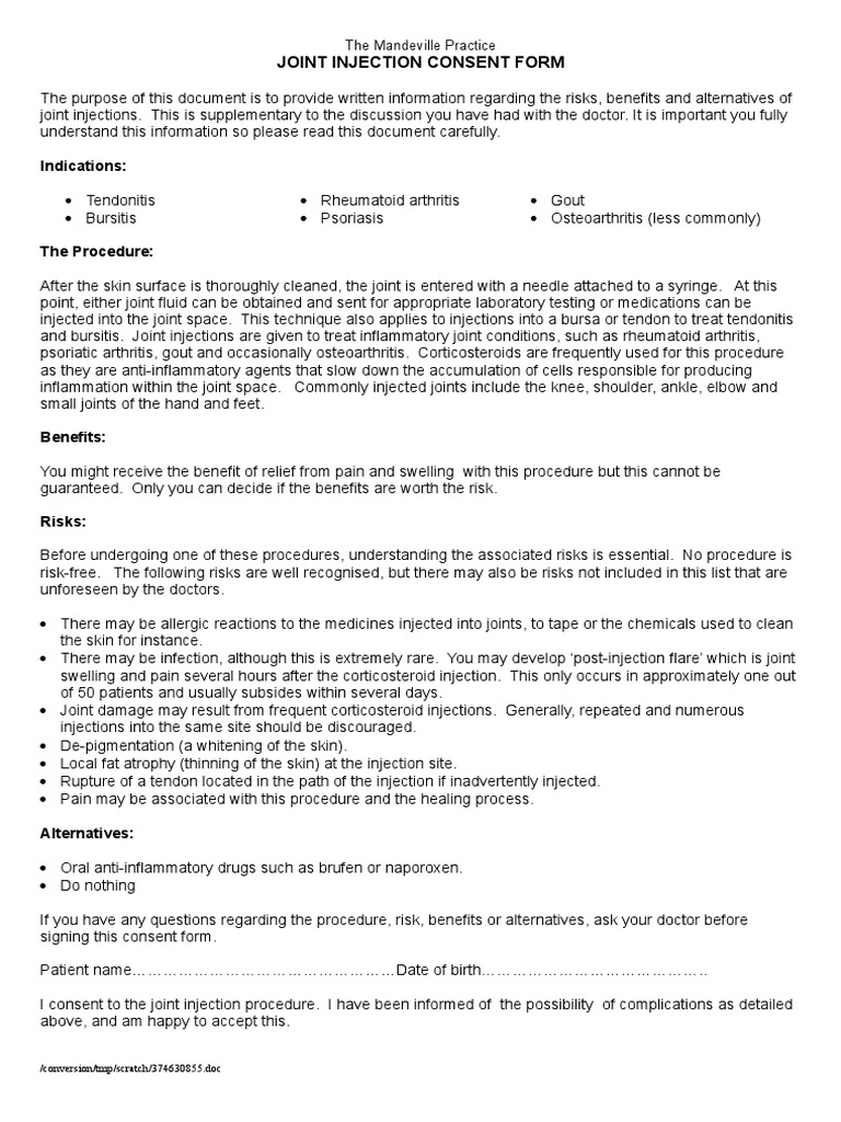 Joint Injections Consent Arthritis Joint