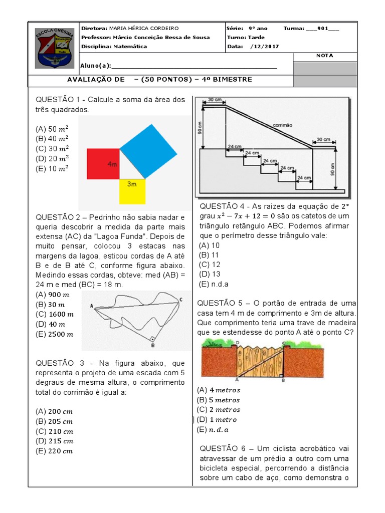 PROVA (9 Ano (901) Matematica) 4 BIMESTRE Onesima 2017 | PDF ...