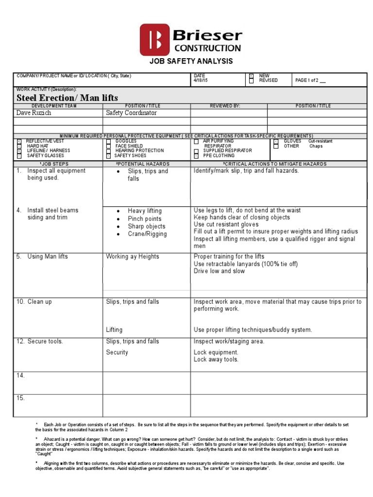 JSA Steel Erection Manlifts PDF Personal Protective Equipment Safety
