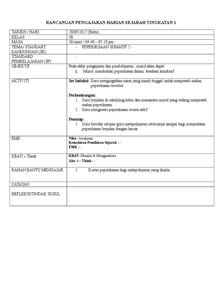 Contoh Rph Sejarah Kssm Tingkatan 1 Pdf