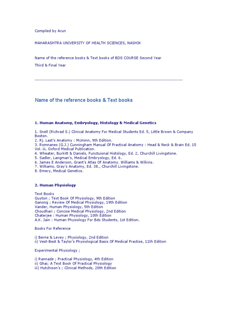 BDS Course Reference Books List | PDF | Dentistry | Prosthodontics