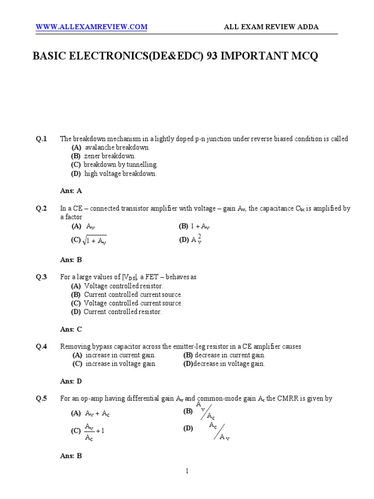 93 Essential Mcqs On Basic Electronics Pdf Amplifier Field Effect